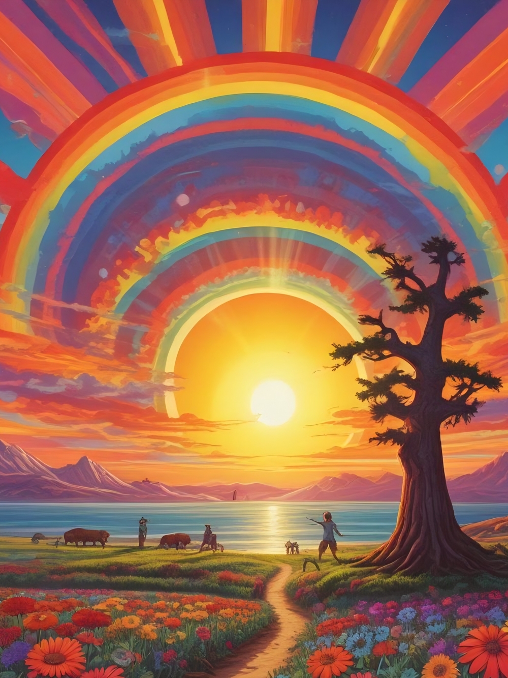 Vibrant Sunset Rainbow Landscape Art Print - Multicolor Wall Decor